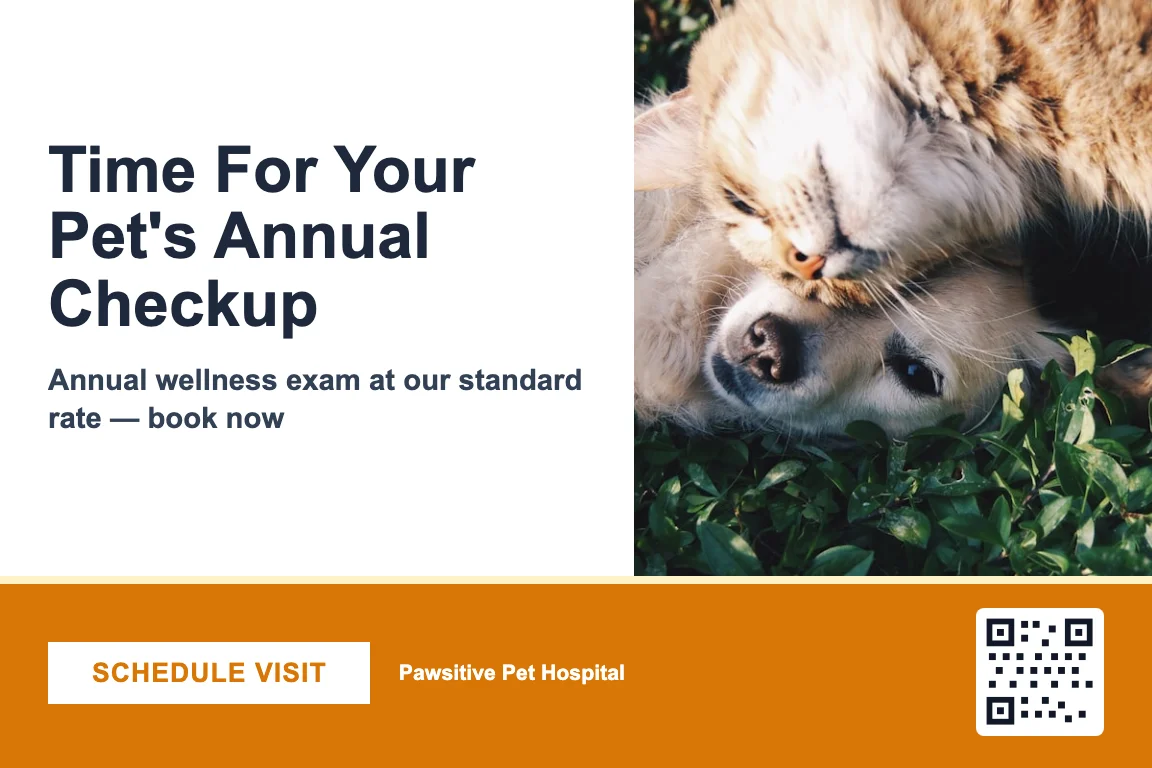 Bold veterinary clinic postcard design: Annual Wellness Recall