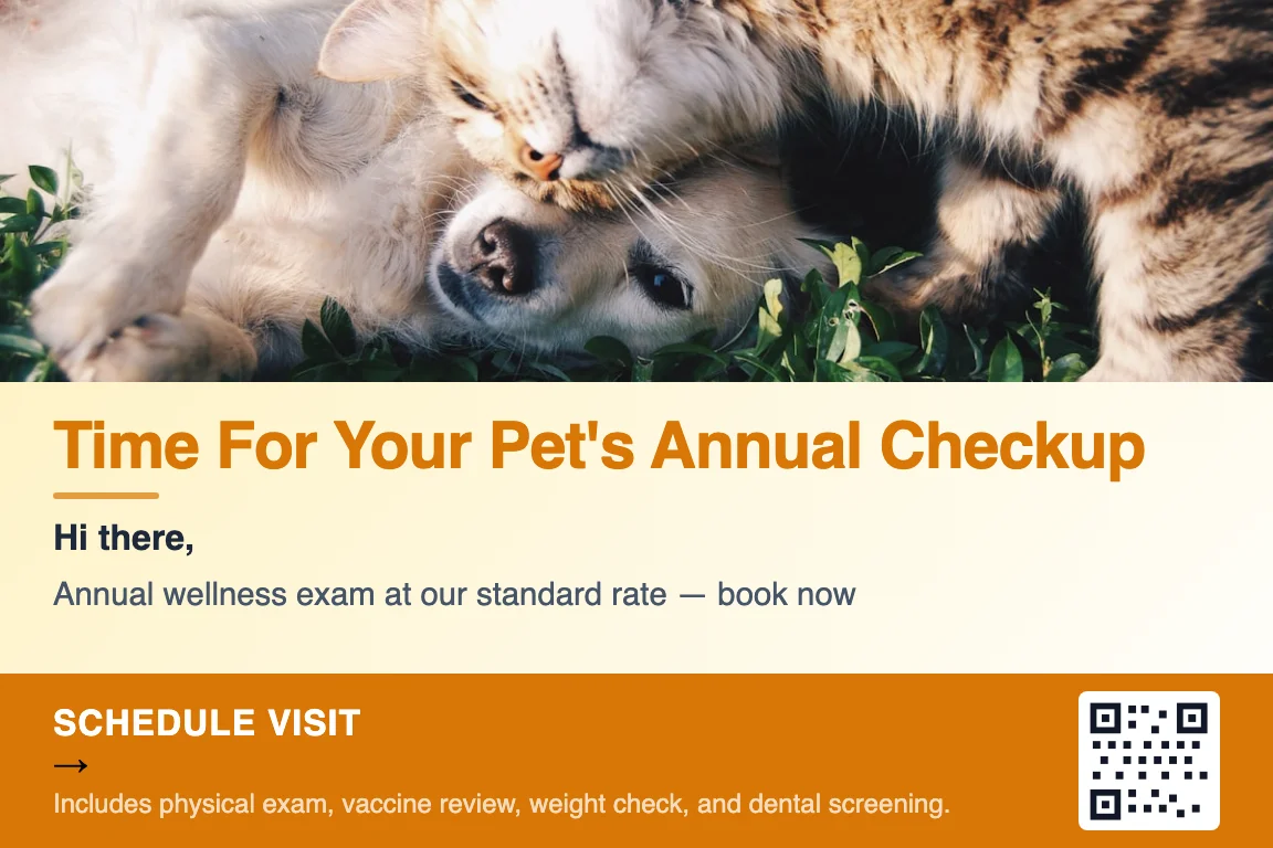 Detailed view of veterinary clinic postcard front: Annual Wellness Recall