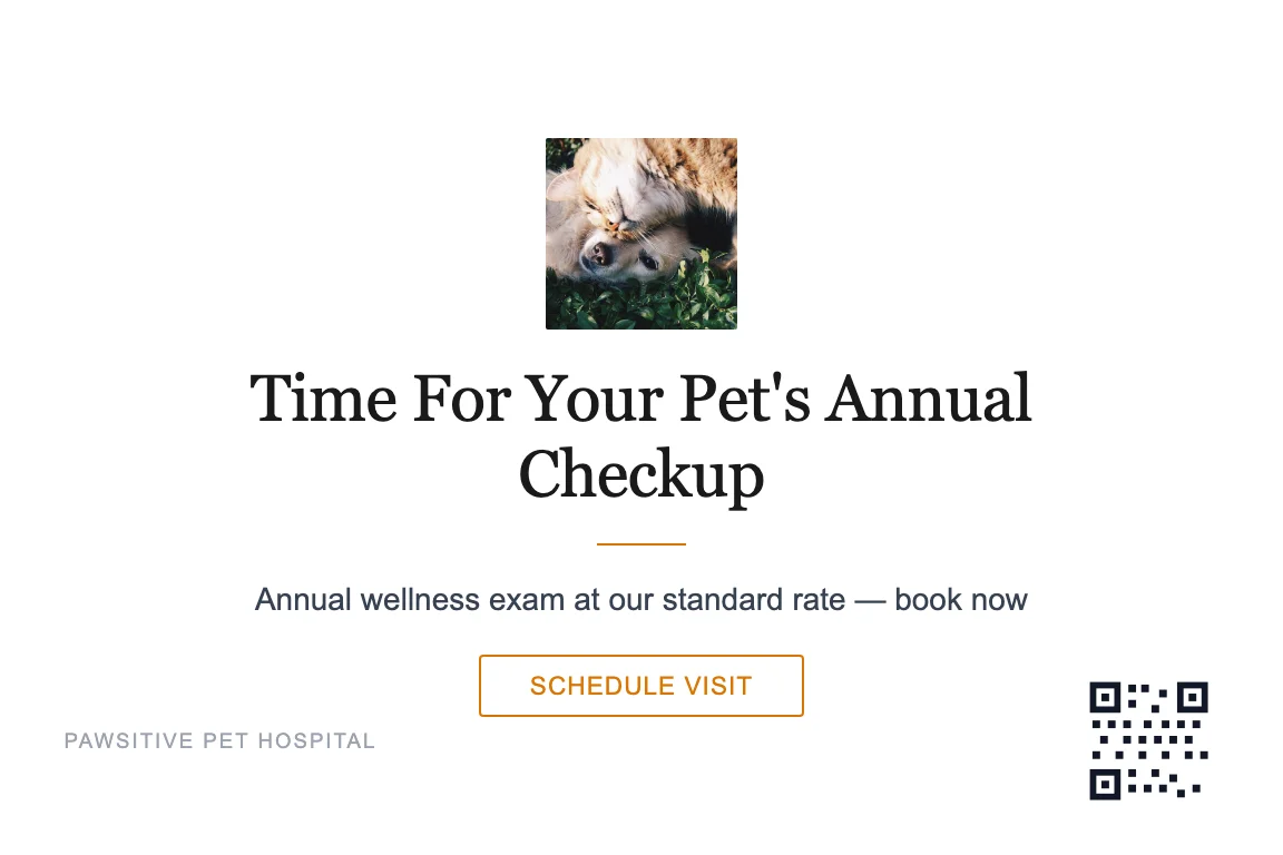 Veterinary appointment reminder postcard design: pet checkup due reminder
