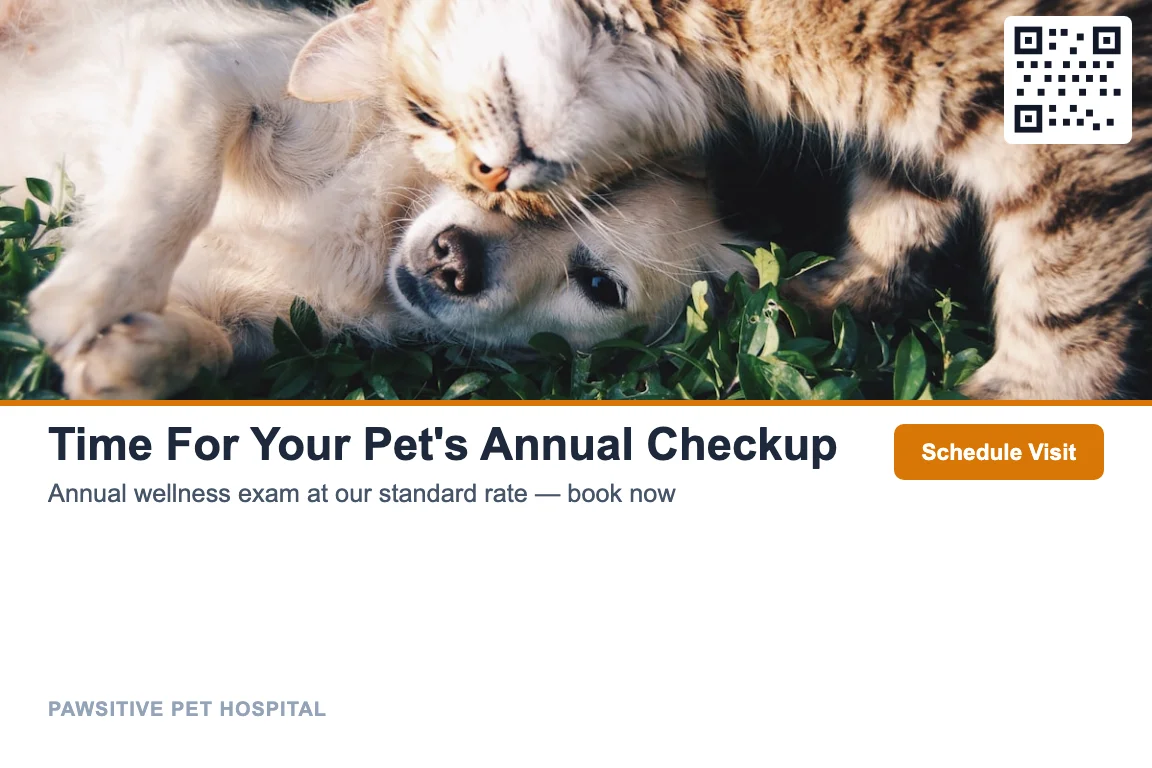 Photo-led veterinary clinic postcard design: Annual Wellness Recall
