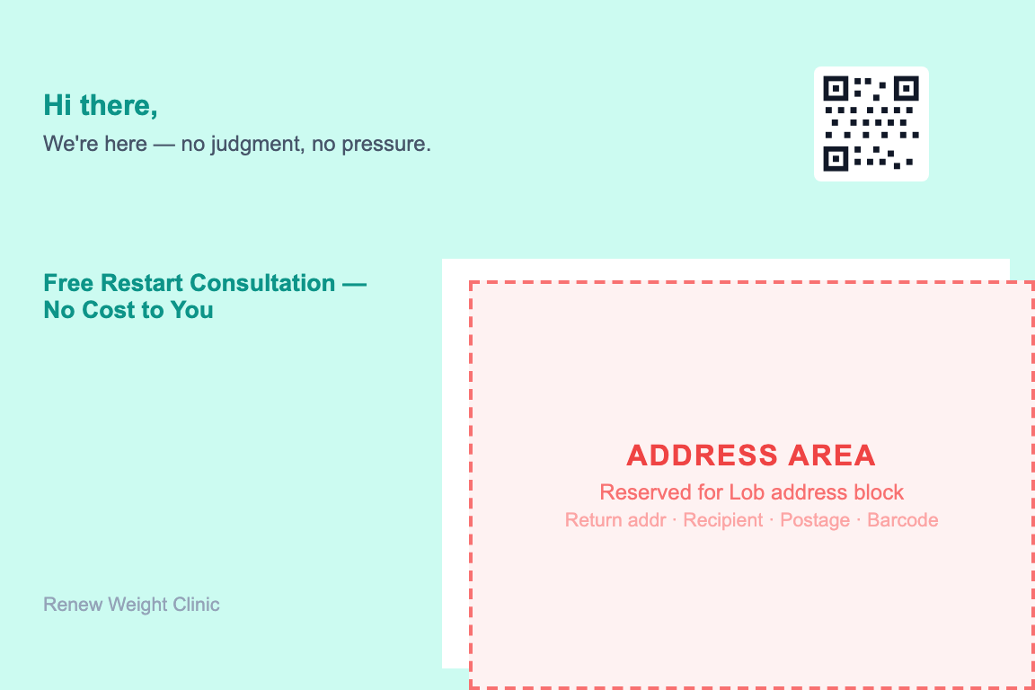 weight-loss clinics postcard back showing return address and recipient zone &mdash; Lapsed Patient Win-Back