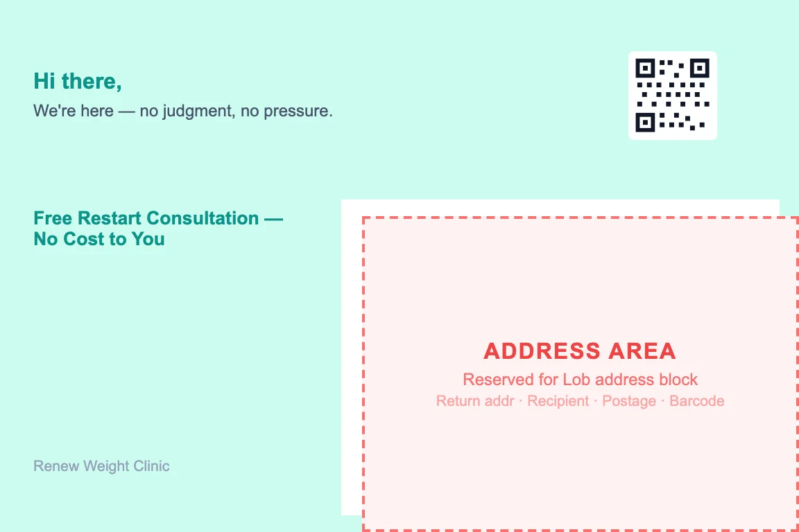 weight-loss clinics postcard back showing return address and recipient zone: Lapsed Patient Win-Back