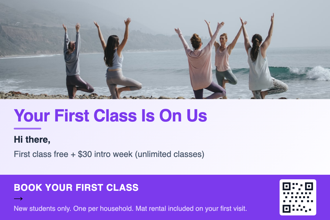 Yoga studio first-class-free postcard example